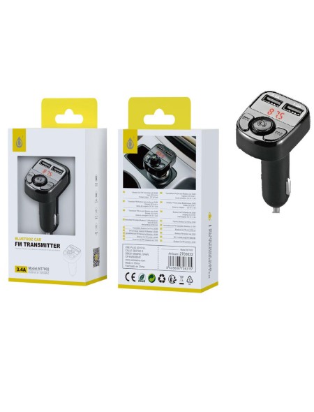 Transmisor FM NT7002 / Bluetooh 4.2 / Manos libres / Carga USB x2 5v 3.1a 1a / Micro sd / Usb / Negro / One+ / 2700022